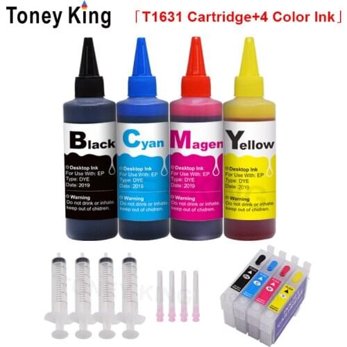 16XL T1631 Refillable Ink Cartridge For Epson WorkForce WF 2010W 2510WF 2520NF 2530WF 2540WF Printer + 4 Color 100ml Dye Ink