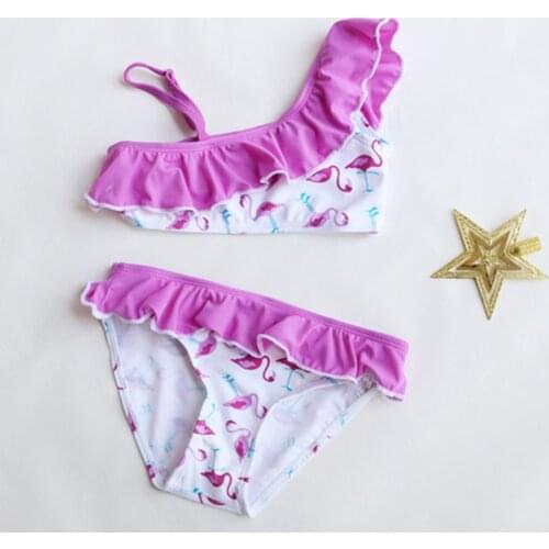 New Arrival Children Flamingo Print Split Swimsuit Set Girls Sleeveless Strapless Bikini + Ruffle Panties Summer Beachwear