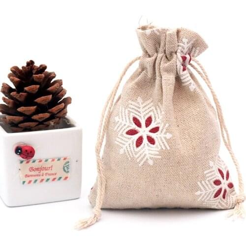 50pcs/lot White Snowflack Printed Linen Drawstring Cotton Bag 10x14cm Jewelry Candy Gift Packaging Bag for Christmas Party Pouch