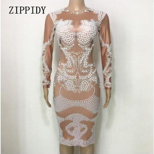 Fashion Pearls Rhinestones Mesh Evening Party Wear Long Sleeves Prom Luxurious Perspective Singer Birthday Celebrate Dresses