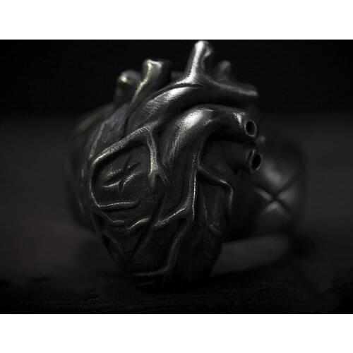 EYHIMD Unique Mens Black 316L Stainless Steel Vintage Heart Ring Biker Rock Gothic Punk Santa Muerte Fashion Party Jewelry Gifts