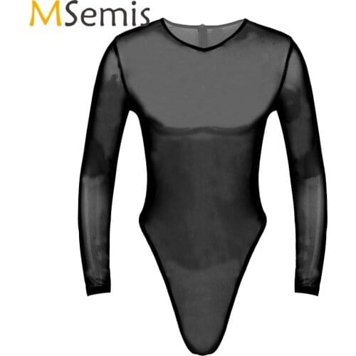 Mens Lingerie See Through Mesh Bodysuit Erotic Sexy Sleepwear Long Sleeve High-Cut Thongs Back Zipper Leotard Slim Fit Jumpsuit