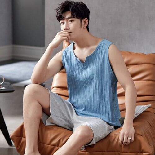 Boy Male Vest Pants Pajamas Sleeveless Vest Pant Pyjamas Undershirt Sleepwear Nightwear Elastic Waist Mans Jams 6535 Cotton HDE