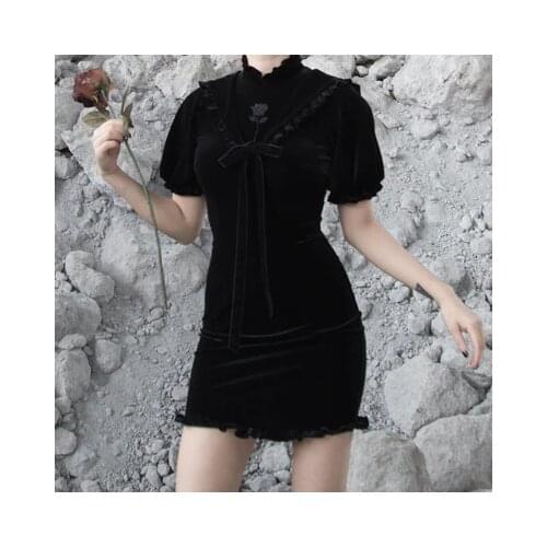 Ruibbit New Autumn Women Vintage Gothic Dresses Rose Navy neck velvet Lantern Sleeve Black Slim Chinese Style Cheongsam Dress