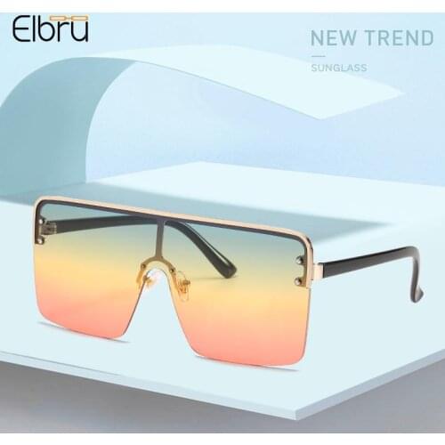 Elbru Women Sunglasses Oversized Metal Frame Gradient Color Lens Sungshades Vintage Square Ladies Outdoor Spectacles UV400 Gafas