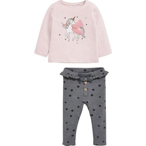 Girls O-neck Long Sleeve Casual Fashion Colorful Unicorns Pink T-shirts+ Dots Legging Pants 2PCS Clothing Sets Cotton Set