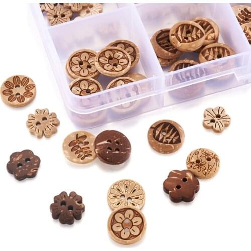 120pcs/lot Round Flower Pattern Natural Coconut Buttons Carved 2-hole Basic Sewing Button for Clothing DIY Handmade Crafts