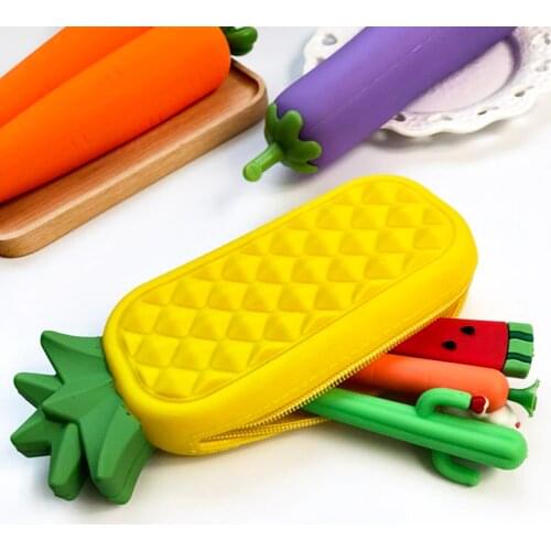 Kawaii Fruit Eggplant Peas Bean Pod Corn Shape Zipper Pencil Case Silicone Pen Pencil Bag School Student Stationery Gilr Gifts