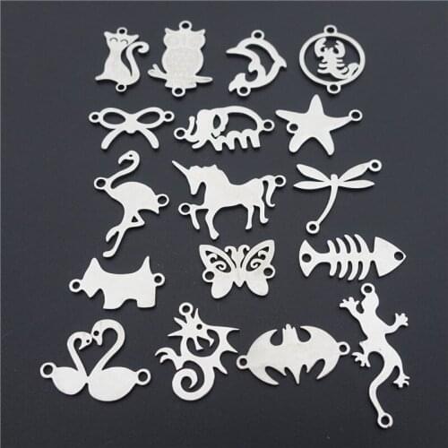 50pcs 2 Loop Stainless Steel Connector Charm Cat Owl Seahorse Dolphin Starfish Unicorn Swans Fishbone mixed Jewelry Findings