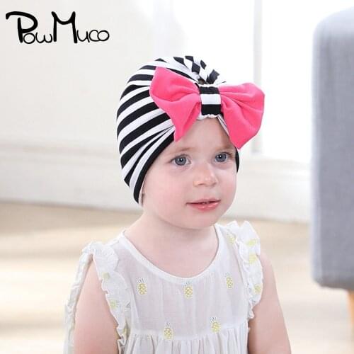 Powmuco Comfortable Soft Knitting Cotton Toddler Hat Fashion Handmade Bowknot Infant Caps Cute Striped Children Turban Kids Gift