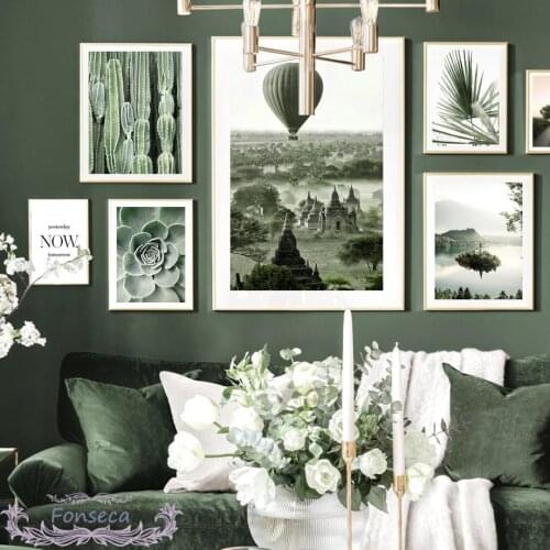 Green Cactus Palm Leaf Hot Air Balloon Lake Road Scenery Poster Wall Art Print Canvas Painting Nordic Home Decor for Living Room