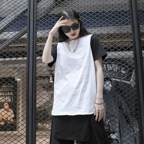 Medium length front short back long round sleeveless T-shirt top versatile vest loose round neck summer womens big fashion
