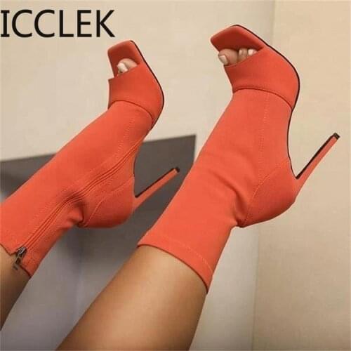 2020 New Peep Toe High-heeled Womens Boots Black Stretch Leather European and American Sexy Ankle Boots Women Zip Booties