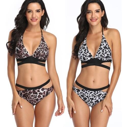 Womens Bathing Suits 2021 Sexy Push Up Swimwear Halter Bandage Bikini Leopard Printing Swim Bottoms Two Piece Swimsuits