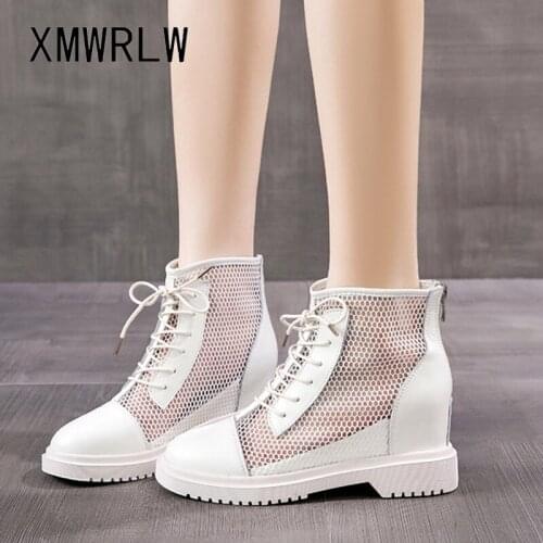 XMWRLW Womens Summer Boots Breathable Mesh Hidden Heel Ladies Genuine Leather Casual Women Shoes Non-Slip Summer Ankle Boots