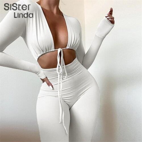 Sisterlinda Casual Fitness Skinny Jumpsuits Women Long Sleeve V Neck Drawstring Stretchy Autumn Female Workout Romper Streetwear