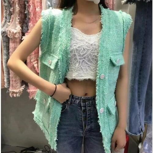 French style summer small fragrance tweed vest women v-neck loose tassel kintted waistcoat