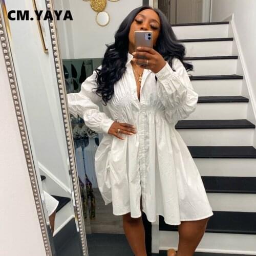 CM.YAYA Women Dress Solid Full Puff Sleeve Turn-down Collar Single Breasted Loose Maxi Dresses Office Lady Streetwear Summer