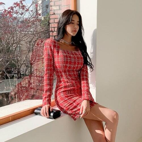 2021 New Spring Womens Slim Red Tweed Woolen Dresses Vintage Elegant Long Sleeve Package Hip Vestido Da Festa