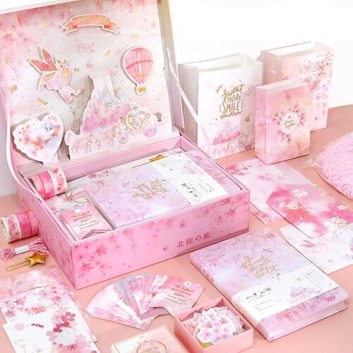 102pcs/set Kawaii Sakura Notebook Gift Set Diy Diary with Bookmark Tape Postcard Stickers Daily Planner Stationery Surprise Gift