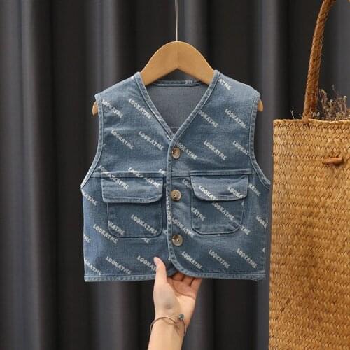 2021 Baby Girls Sweaters Baby Spring Cartoon Sleeveless Denim Vest Baby Boys Sweaters Causal Vest Kids Toddler Autumn Outerwear