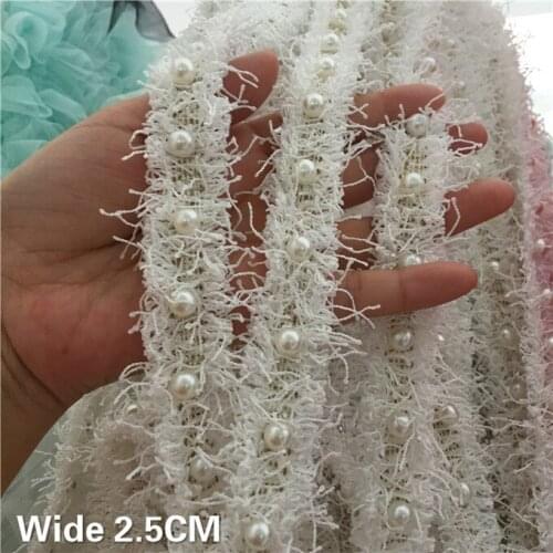 2.5CM Wide 2019 White Beaded Lace Fabric Embroidered Ribbon Collar Lace Trimmings For Sewing Wedding Dress DIY Guipure Supplies