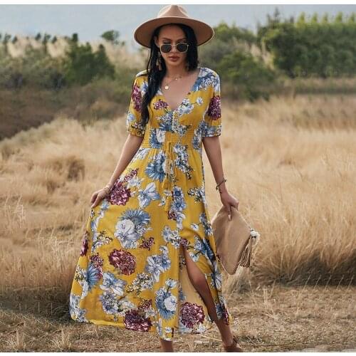 Maxi Bohemian Summer Floral Dresses For Women 2021 V-Neck Print Ankle-Length Sexy Vacation Wind Beach Party Dress