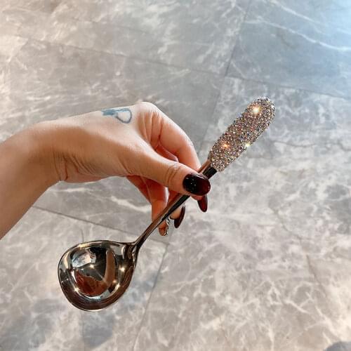 Large Rhinestone Soup Spoon 20cm Long Handle Luxury Stainless Steel Japanese Korean Main Spoon Serving Spoon Asian Soup Spoon