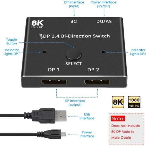 144Hz 1.4 Bi-direction Splitter Switcher Displayport 2X1 1X2 8K@30Hz,4K@120Hz Dual Mode Switch at Will Multi-Interface Converter