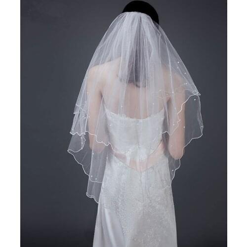 Women Pearl Bridal Veils Wedding Dress Veil Layers Tulle Ribbon Edge Wedding Accessories Bridal Veils