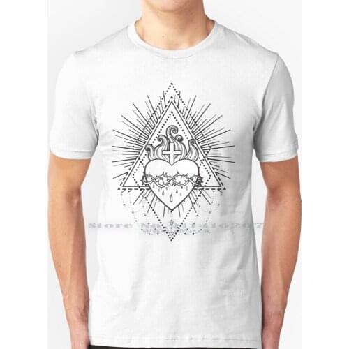 Sacred Heart Of Jesus T Shirt 100% Pure Cotton Boho Heart Catholicism Coloring Power Christian Vector Sign Linework Symbol God
