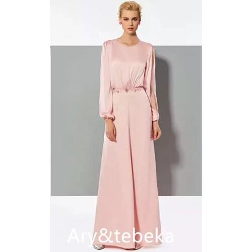 Jumpsuits Empire Elegant Wedding Guest Formal Evening Dress Jewel Neck Long Sleeve Floor Length Charmeuse with Sleek 2021