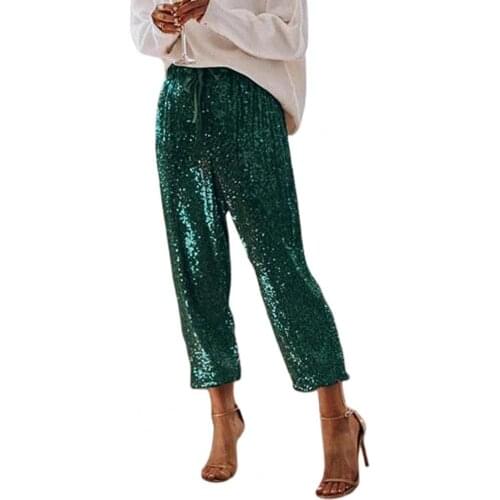 Women Fashion High Waist Drawstring Shiny Sequins Loose Trousers Party Pants