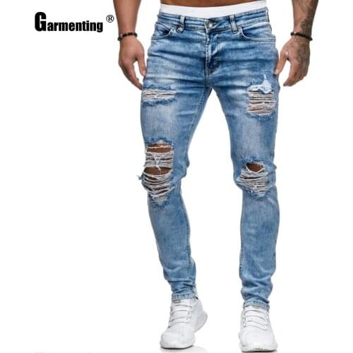 Trend 2020 Jeans Demin Pants Men Skinny Jeans Male Fashion Hole Ripped Pants Streetwear Mens Denim Jeans Blue Pencil Trousers