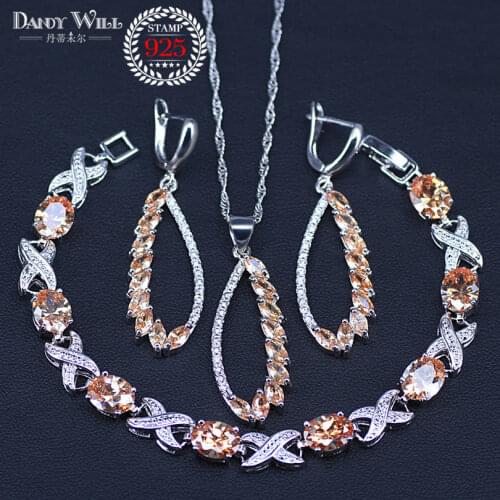 Marquise Square silver color Jewelry sets for women Champagne CZ Bracelets Pendants Long Drop Earrings Sets For Women