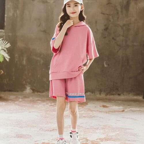 New 2021 Summer Active Clothing Sets Teenage Girls 2 Pcs Hooded Sweatshirts & Shorts Suits Children Sport Suits Age 5-17 Years