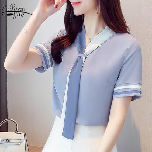 Solid Short Sleeve Chiffon Blouse Koran Women Tops and Blouse Blusas Mujer De Moda 2020 Summer Elegant Clothes 9565