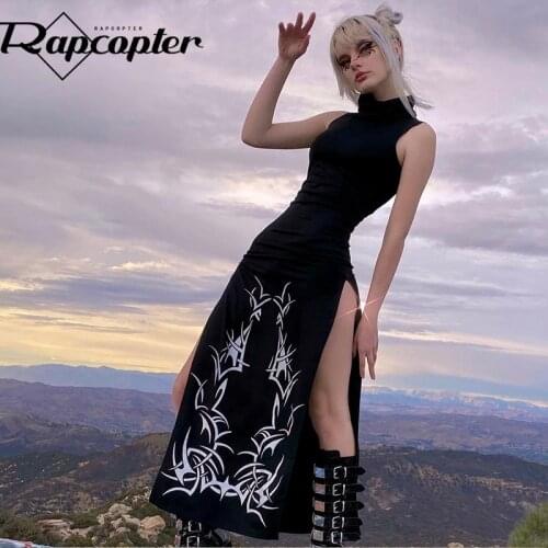 Rapcopter Printed Midi Dress Turtleneck Split Goth Balck Sexy Dress Women Skinny Vintage Fashion Sleeveless Sundress Cosplay New