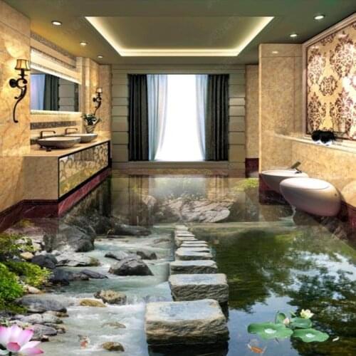 Custom PVC Flooring 3d Murals Lotus Flowing Water on Shidun Bridge in Xiaoxi bathroom bedroom study 3D floor stickers wallpaper