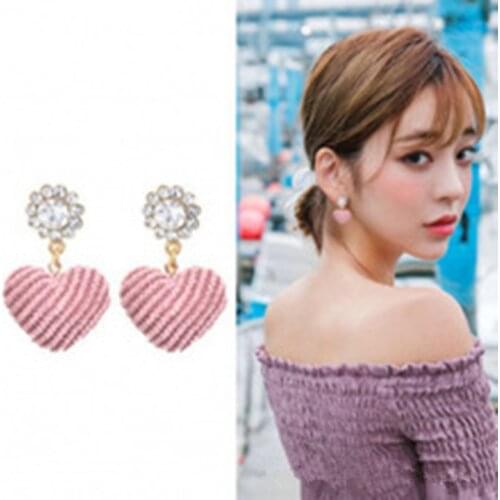 Japan and South Korea sweet fresh girl heart earrings fashion set rhinestone artificial crystal cute pink love heart-shaped earr