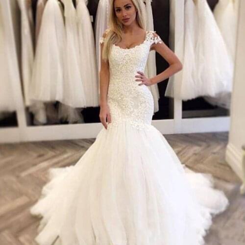 Modest Mermaid Wedding Dresses Cap Sleeve Scoop Neck Lace Tulle Sweep Train New Design Bridal Gowns wedding gown