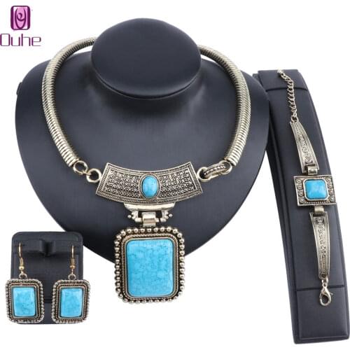 Antique Gold Color Square Gem Stone Pendant Vintage Statement Choker Collar Necklace Earring Bracelet Jewelry Set
