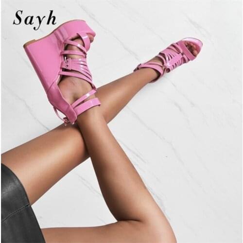 Women Wedge Platform Sandals Ankle Strap 16cm High Heel Hollow Peep Toe Shoes Sexy Stripper Pumps Rome Gladiator Shoes SIZE 46