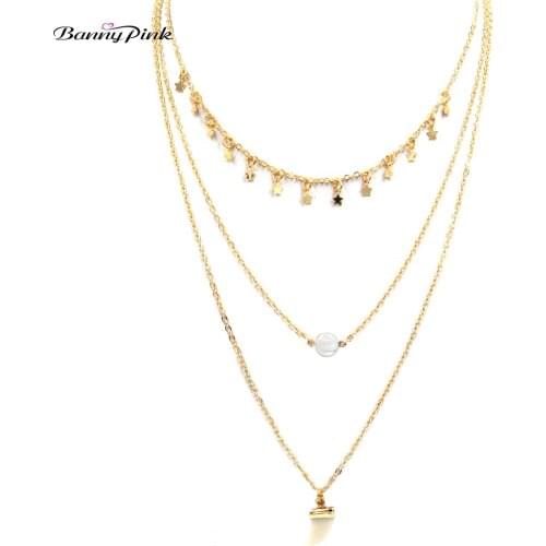 Banny Pink Multilayer Stars Statement Charms Choker Necklace For Women Multi Gold Color Metal Clavicle Chain Body Choker Collar