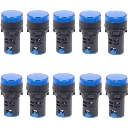 10Pcs Blue Button 22mm Panel Mount LED Power Indicator Pilot Signal Light Lamp AD16-22 12V 24V 110V 220V