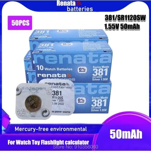 50PCS Renata Watch Battery 1.55V 381 SR1120SW 1120 Silver oxide Button Coin Cell Batteries MADE IN Swiss