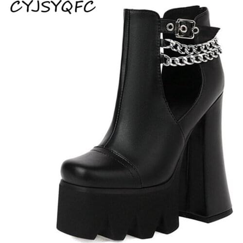 CYJSYQFC Autumn Chains Design Punk Style Platform Women Ankle Boots Round Toe Belt Buckle Thick Bottom High Heels Ladies Shoes