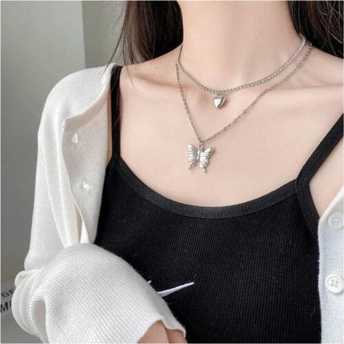 High Quality Multi-layer Chain Butterfly Choker Necklace Stainless Steel Bling Tennis Chain Crystal Necklace Party Jewelry
