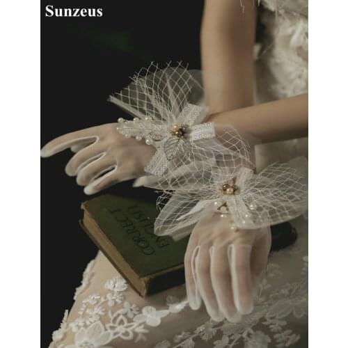 Full Finger Wrist Length Bridal Gloves for Wedding Accessories Charming Bow Beaded Wedding Gloves A01