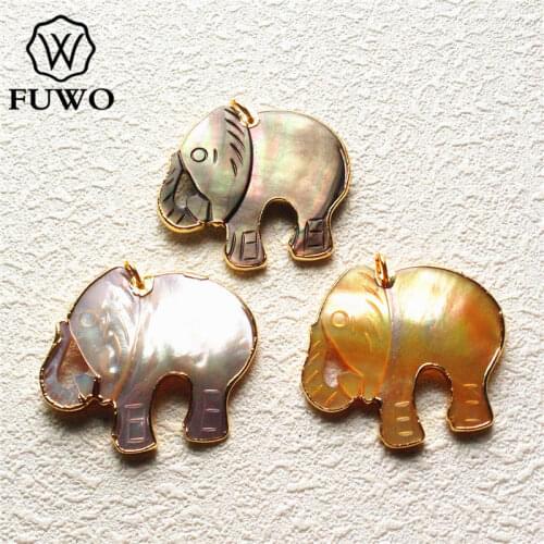 FUWO Carved Elephant Shell Pendant 24K Gold Electroplate Edge Natural Rainbow Shell Jewelry Supplies Wholesale PD543
